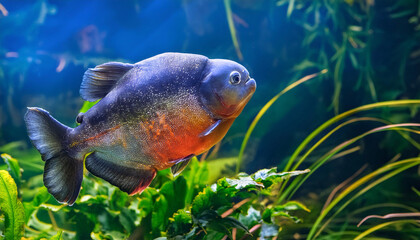 A Single Red-Bellied Piranha Swimming in a Water With Green Plants and Copy Space