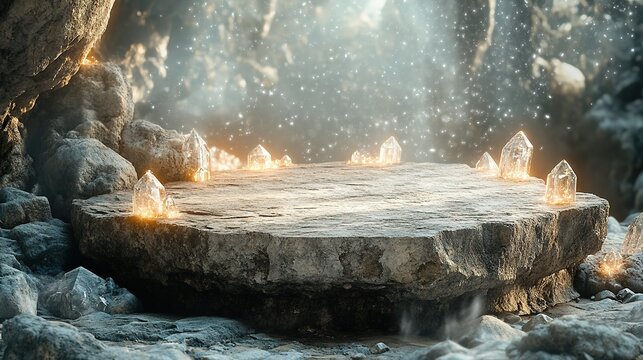 Mystical stone platform with glowing crystals in serene grotto