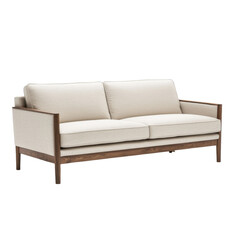 Beige Sofa with Wooden Frame Isolated on PNG Transparent Background