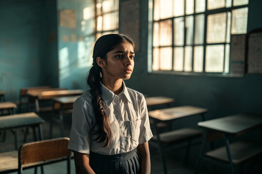  Indian girl standing alone in an empty classroom