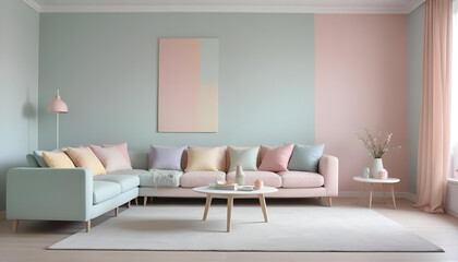 a modern living room with a couch and a coffee table with pastel color
