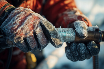 Obraz premium Frost-covered hands working on a metal pipe in winter