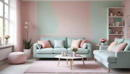 a modern living room with a couch and a coffee table with pastel color