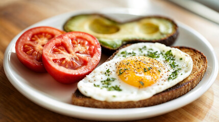 Breakfast plate with toast, avocado, egg, and fresh tomatoes