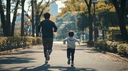 A father and his sons running in the park, captured from behind with their backs to us. They have black jackets on. The photo was taken during golden hour, warm tones of orange and yellow.