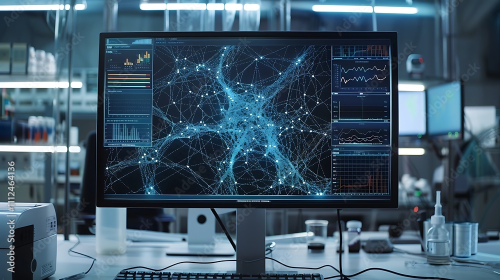 Poster a high-resolution monitor in a lab displaying a complex neural network diagram with real-time data u