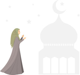 Muslim woman in hijab. Woman standing near mosque. Muslim women in traditional hijabs. Vector people.