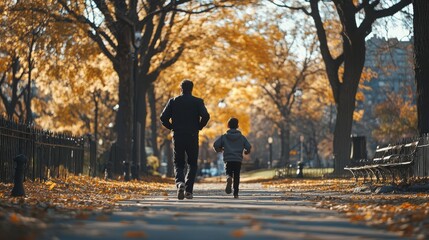 A father and his sons running in the park, captured from behind with their backs to us. They have black jackets on. The photo was taken during golden hour, warm tones of orange and yellow.