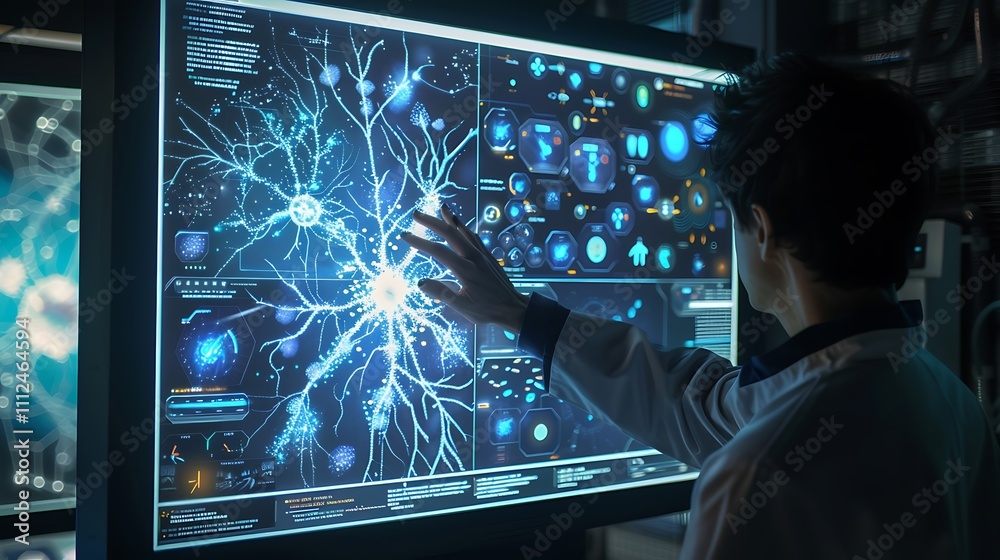 Poster A high-resolution monitor in a lab displaying a complex neural network diagram with real-time data updates