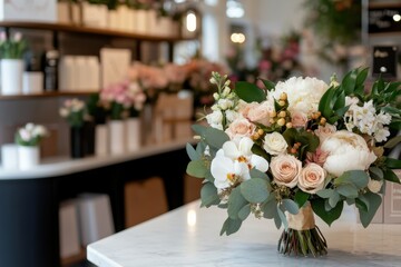 Obraz premium A lush bouquet filled with fresh blooms, beautifully presented in a bright, welcoming flower shop, offering an enticing view for potential buyers.