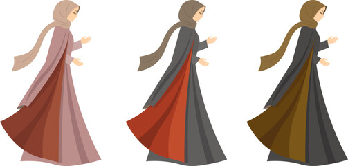 Muslim woman in hijab. Cute Muslim girl in traditional Muslim clothes of different colors. Muslim women in traditional hijabs. Vector people.