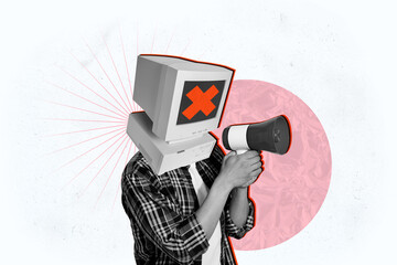 Composite trend artwork sketch image collage of silhouette young guy head computer monitor face cross rejected hold loudspeaker proclaim