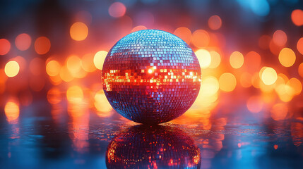 Obraz premium shiny mirror disco ball on blurred party background, night club, new year, blurred bokeh backdrop, glitter, holiday, decoration, copy space, place for text, sphere