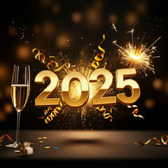 Golden 2025 Confetti Burst with Champagne and Sparklers Celebration Ai generated