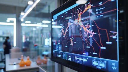 A high-resolution monitor in a lab displaying a complex neural network diagram with real-time data updates