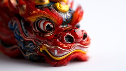 Close-up of a vibrant and intricately detailed Chinese dragon head, showcasing its rich colors, expressive eyes, and ornate design. A symbol of power, good fortune, and celebration.