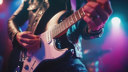 Obraz premium A guitarist passionately playing an electric guitar on stage with colorful lights.