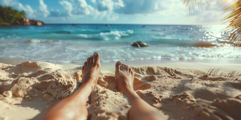 female feet on the sand at the beach Generative AI