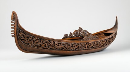 A black boat with a gold trim sits on a white background
