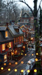 Fototapeta premium Charming rag fair with festive decor and intricate model houses set in a whimsical setting during twilight hours