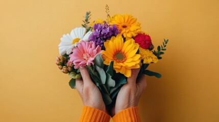 Beautiful Vibrant Bouquet of Colorful Flowers Held in Hands Against a Bright Yellow Background, Perfect for Celebrations, Events, or Decorations