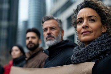 Fototapeta premium A focused group of individuals stands in a united front during an urban protest, emphasizing solidarity, awareness, and the drive for social change in contemporary society.
