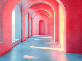 A serene hallway with vibrant pink and blue arches illuminated by soft sunlight, overlooking a tranquil ocean horizon in the distance