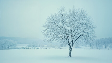 Fototapeta premium Snow-covered tree in serene winter landscape