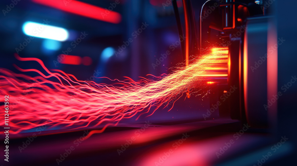 Fototapete Dynamic red light beams emanate from a futuristic device in a high-tech environment.