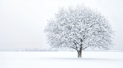 Fototapeta premium Snow-covered tree in open winter field under cloudy sky