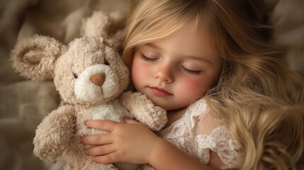 A peaceful sleeping child cuddling a soft bunny toy, exuding warmth and innocence.