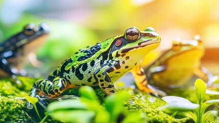 Fototapeta premium Colorful Frogs on Green Moss in Natural Habitat