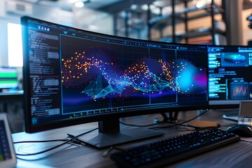 Fototapeta premium A high-tech workstation with a curved monitor showing a detailed neural network simulation and DNA analysis