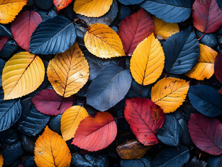 Fototapeta premium Vibrant autumn leaves in shades of red, orange, and yellow scattered on smooth black stones, creating a vivid seasonal texture