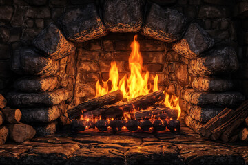 Cozy stone fireplace with glowing flames in rustic interior