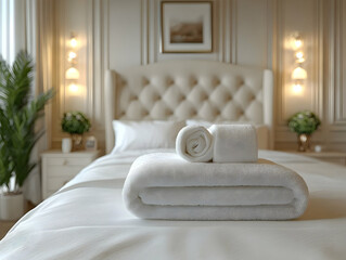 Neatly folded white towels on a luxurious bed in a softly lit, elegant bedroom with beige tones and classic decor