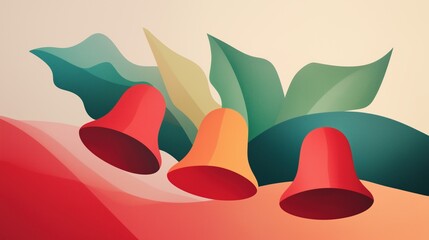 Abstract Christmas Bells and Holly Leaves in Vibrant Festive Colors Highlighting Joyful Holiday Spirit and Seasonal Celebration with Modern Design and Rich Red and Green Shades