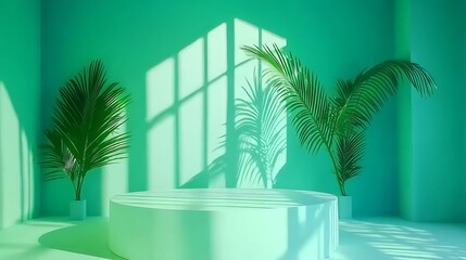 Obraz premium Minimalist Green Room with Palm Trees and a White Platform