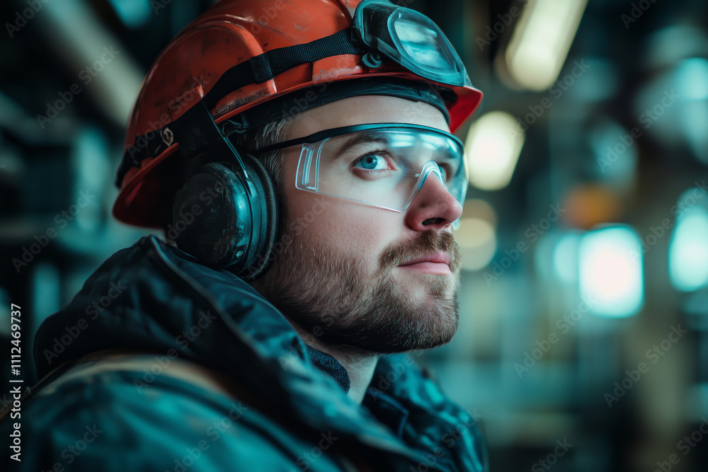 Aufkleber focused worker in an industrial environment operating advanced cnc machinery