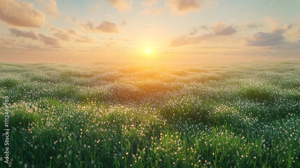 Poster serene sunrise over a flourishing green meadow with sparkling dewdrops and soft colorful clouds in a
