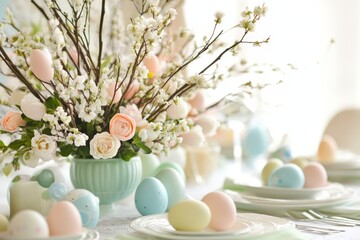 Elegant spring table decor with pastel eggs and blossoms