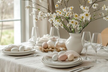 Elegant spring table setting with floral centerpiece and pastel eggs
