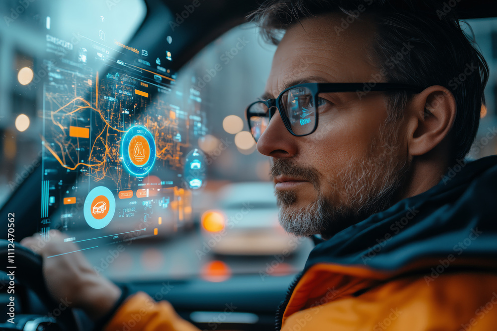 Aufkleber User engages with innovative car application while driving in urban traffic