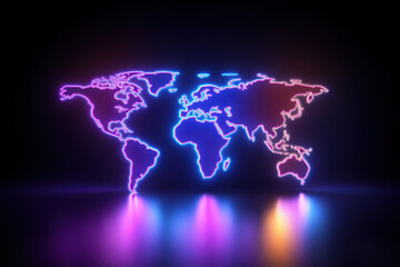 vibrant holographic world map glowing in dark
