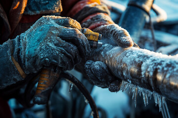 Frozen hands working on icy pipe in harsh winter conditions