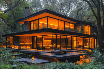 Modern Glass House Illuminated At Night In Woods