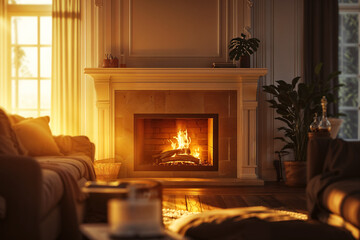 Fototapeta premium Cozy living room with fireplace and warm sunlight
