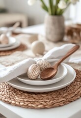 Elegant table setting with decorative easter eggs and wooden spoon on woven mat