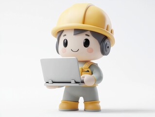 Cute Cartoon Construction Worker Using Laptop 3D Render