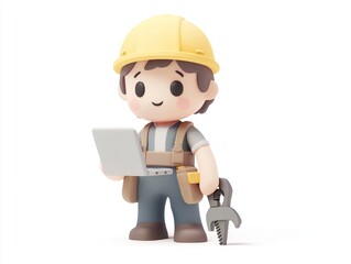Cute Cartoon Construction Worker Laptop Tool 3D Render